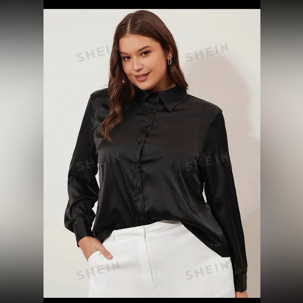 NEW SHEIN Plus Solid Button Up Satin Shirt